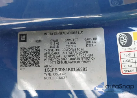 2019 Chevrolet Camaro 1Lt z USA, uszkodzony, nr VIN 1G1FB3DS1K0156383